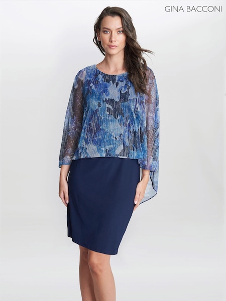 Gina Bacconi Blue Brenya Floral Print Shimmer Popover Dress (Q85371) | €108