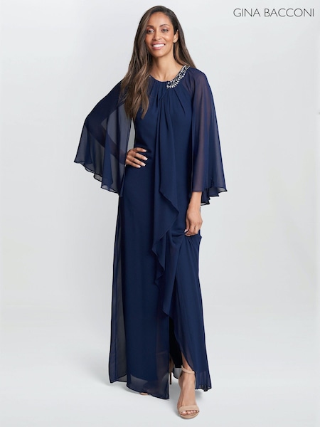 Gina Bacconi Blue Polly Maxi Halter Neck Dress With Embellishment And Capelet Sleeves (Q85384) | € 90