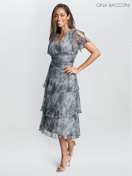 Gina Bacconi Blue June Midi Printed Dress With Tiered Skirt (Q85406) | €159