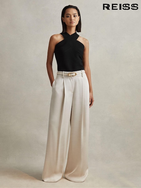 Reiss Champagne Isla Satin Wide Leg Trousers (Q85738) | AED1,282