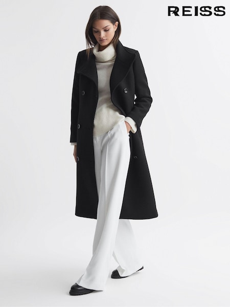 Reiss Black Blair Wool Blend Double Breasted Long Coat (Q85797) | €285
