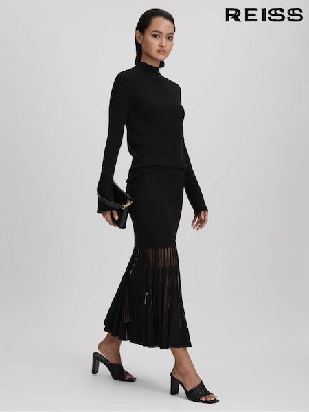 Reiss Black Tilly Knitted Sheer Flared Midi Skirt (Q85799) | 1,382 QAR