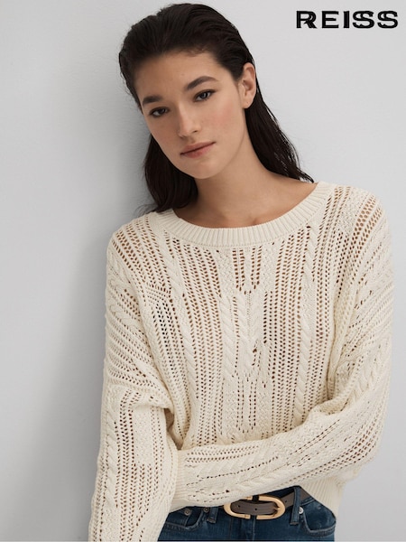 Reiss Ivory Tanya Cotton Blend Open Stitch Crew Neck Jumper (Q85811) | ₪933
