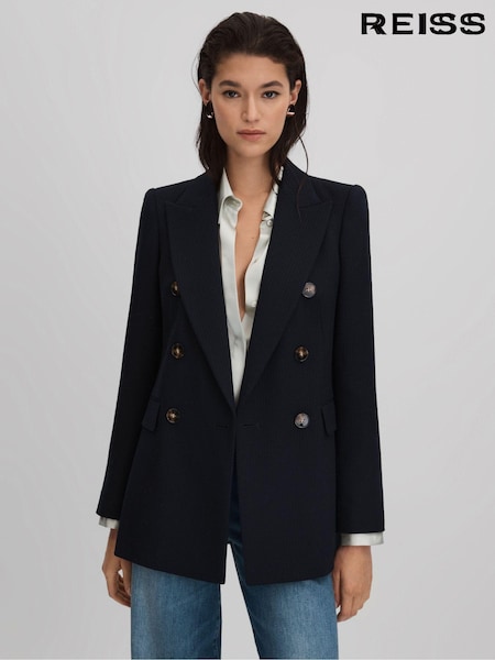 Reiss Navy Lana Tailored Textured Wool Blend Double Breasted Blazer (Q85814) | €225