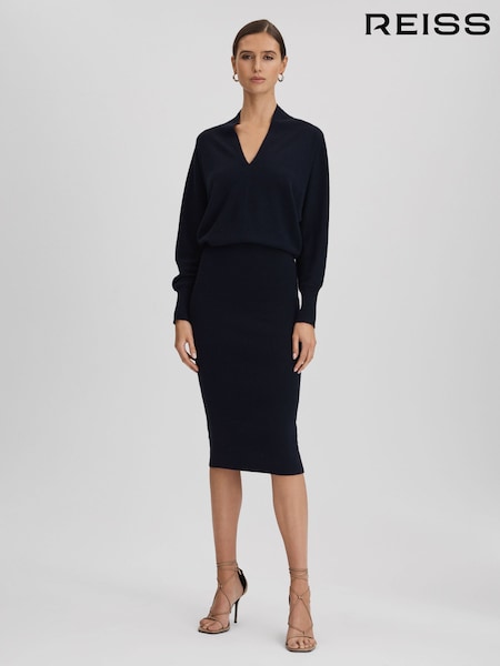 Reiss Navy Sally Wool Blend Midi Dress (Q85816) | €95