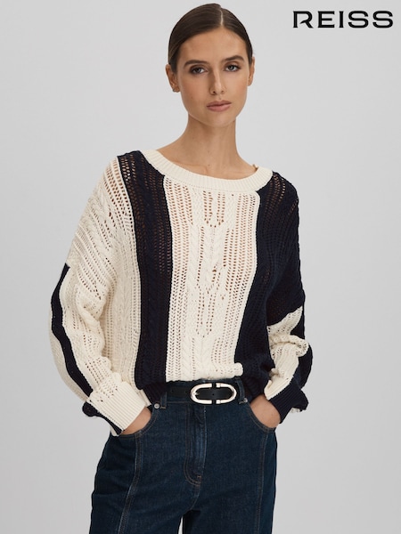 Reiss Cream/Navy Tanya Cotton Blend Open Stitch Crew Neck Jumper (Q85830) | ₪1,079
