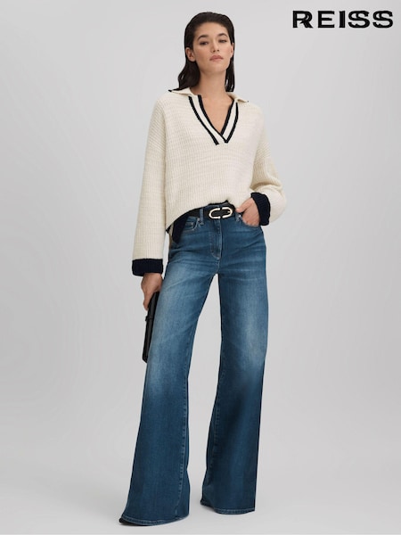Reiss Cream/Navy Michaela Wool Blend Open Collar Jumper (Q85855) | €95