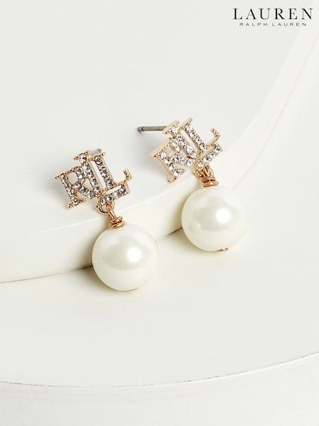 Lauren Ralph Lauren Gold & Crystal Logo Pearl Drop Earrings (Q85952) | kr950