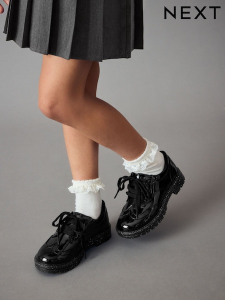 Black Patent Glitter Sole Lace Up Chunky School Shoes (Q86106) | €13.50 - €17.50