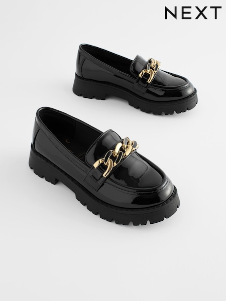 Čierna lakovaná - Chunky Chain Loafer School Shoes (Q86115) | €39 - €49
