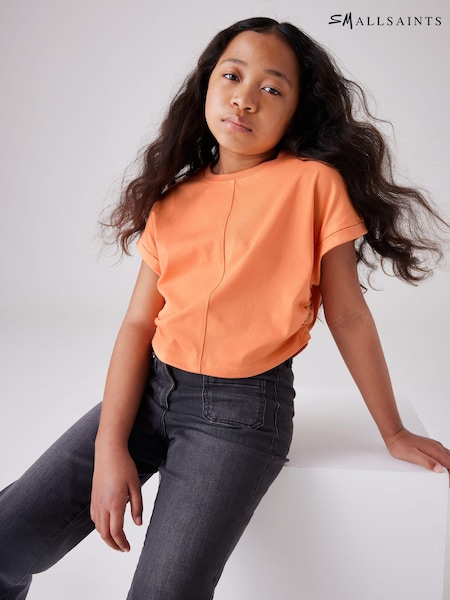 smALLSAINTS Coral Pink Girls Mira Cropped Ruched Side 100% Cotton T-Shirt (Q86256) | AED64 - AED75