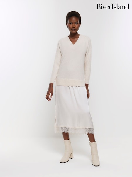 River Island Cream Hybrid Satin Midi Jumper Dress (Q86298) | €34
