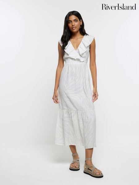 River Island Grey Printed V-Neck Frill Tea Dress (Q86369) | €27