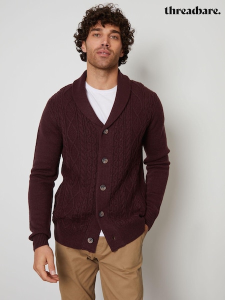 Roșu - Cardigan tricotat cu guler șal și torsade Threadbare (Q86549) | 156 LEI