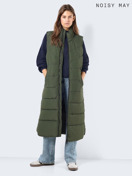 NOISY MAY Green Maxi Length Padded Quilted Collarless Gilet (Q86650) | €22