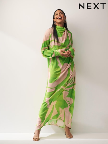 Green/Pink Swirl Print Long Sleeve Scarf Neck Midi Dress (Q86651) | €8