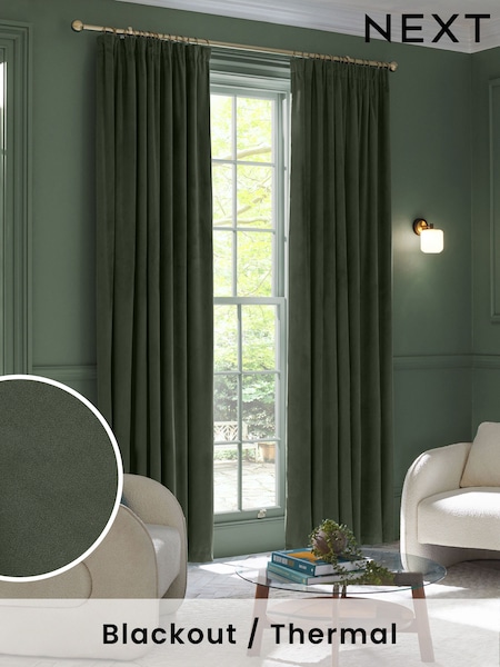 Green Dark Matte Velvet Pencil Pleat Blackout/Thermal Curtains (Q86694) | €66 - €179