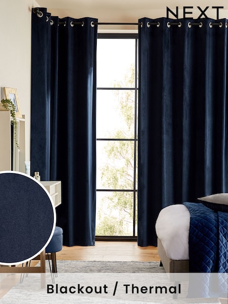 Blue Dark Navy Matte Velvet Blackout/Thermal Curtains (Q86717) | AED231 - AED625