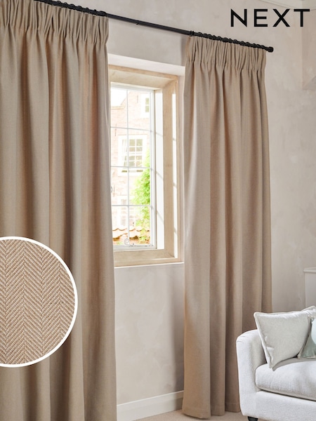Tan Brown Natural Herringbone Weave Pencil Pleat Lined Curtains (Q86912) | €36 - €84