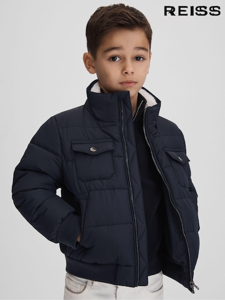 Reiss Navy Mist Senior Padded Faux Fur Coat (Q87418) | 573 QAR