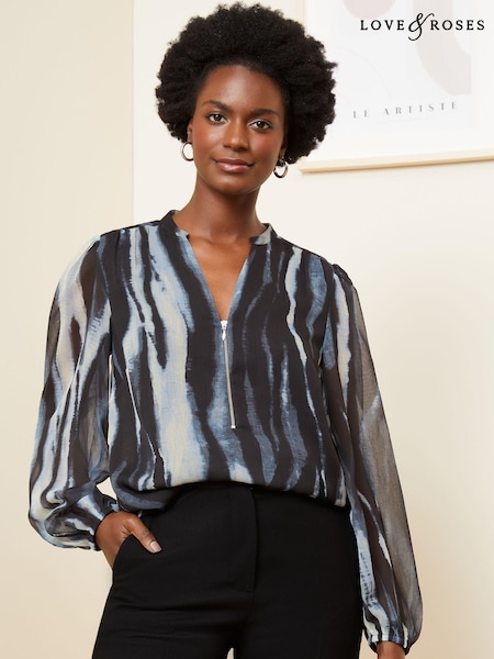 Love & Roses Grey Zip Front Mix Sheer Long Sleeve Blouse (Q87450) | €23