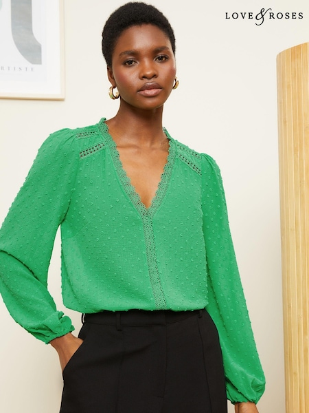 Love & Roses Bright Green V Neck Lace Long Sleeve Lace Trim Dobby Spot Blouse (Q87454) | €12.50