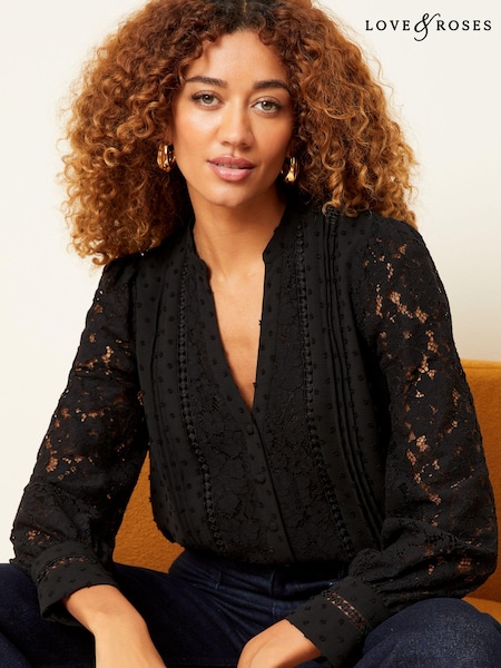 Love & Roses Black Lace Long Sleeve Button Front V Neck Blouse (Q87464) | €26