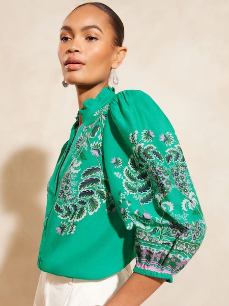 V&A | Love & Roses Green Paisley Ruffle V Neck Button Through Blouse (Q87507) | €23
