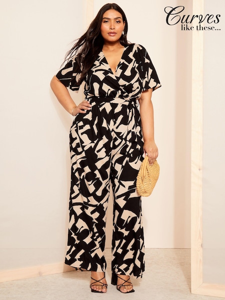 Curves Like These Black/White Flutter Sleeve Wide Leg Jumpsuit (Q87679) | €32