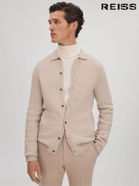 Reiss Oatmeal Melange Kiedler Ribbed Wool Cardigan (Q87760) | 1,088 QAR