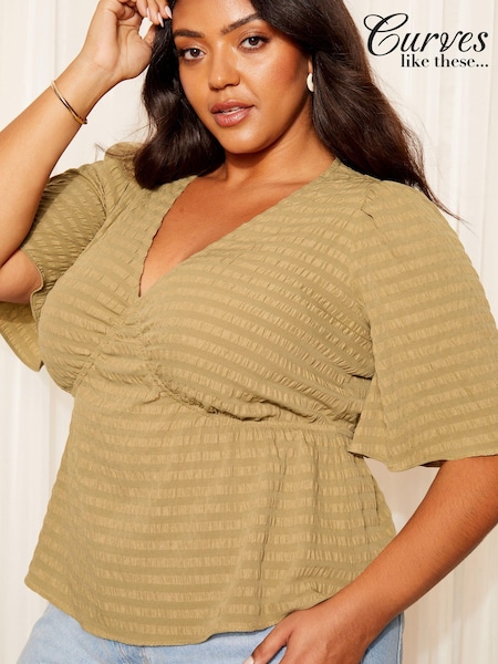 Curves Like These Crinkle Underbust Flutter Sleeve Peplum Blouse (Q87796) | 107 LEI