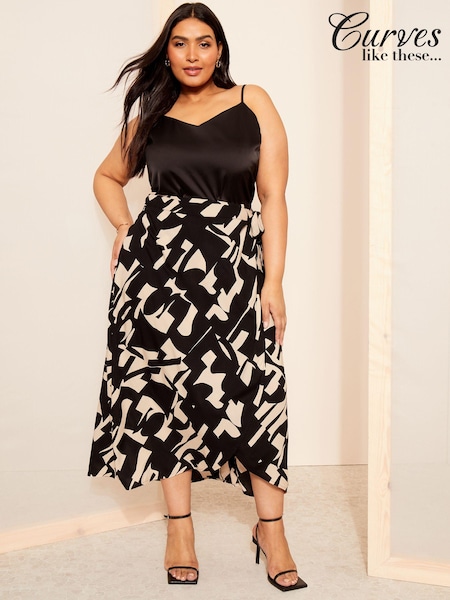 Curves Like These Black Geo Print Wrap Midi Skirt (Q88029) | €35