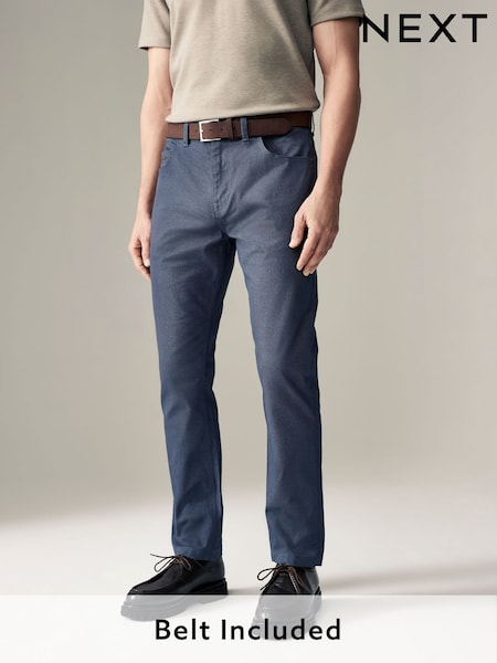 כחול  - Slim Fit Smart Belted Printed Stretch Chinos (Q88071) | ‏110‏₪