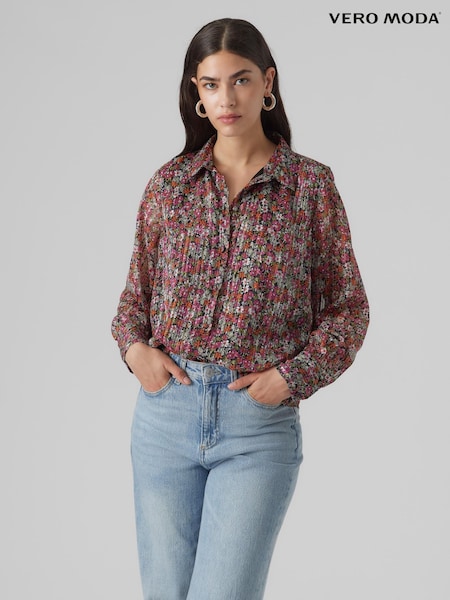 VERO MODA Red & Pink Flora Floral Printed Sheer Shirt (Q88117) | €11
