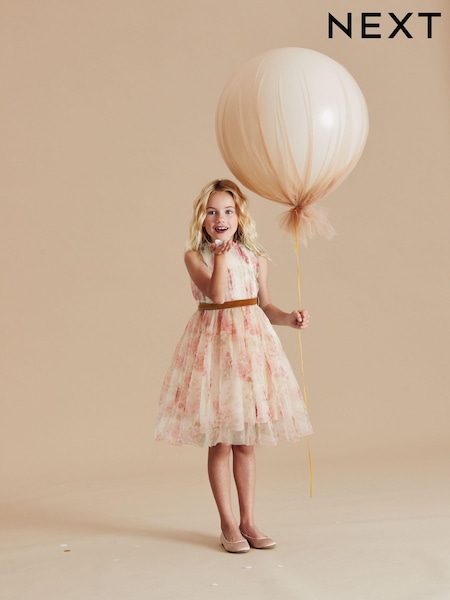 Pink Floral Mesh Tie Back Party Dress (3-16yrs) (Q88459) | €26 - €32