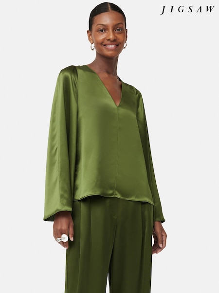 Jigsaw Green Satin Drape Fluted Sleeve Top (Q88467) | €89