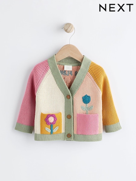Pink/Yellow Colourblock Baby Embroidered Knitted 100% Cotton Cardigan (0mths-2yrs) (Q88532) | AED56 - AED63