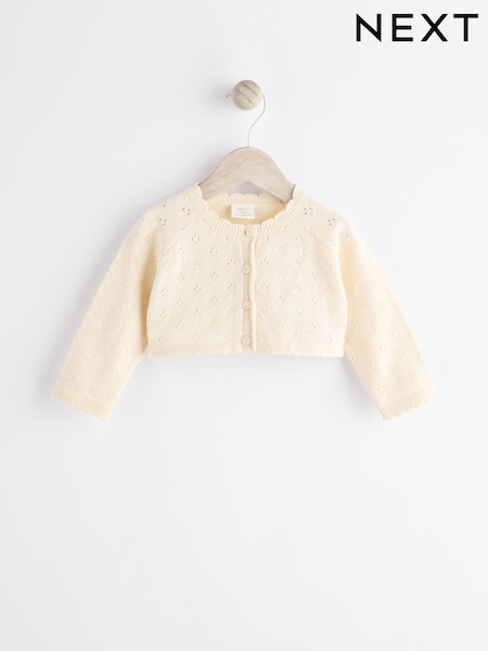 Cream - Pointelle Baby 100% Cotton Knitted Shrug Cardigan (0mths-2yrs) (Q88533) | € 8 - € 10