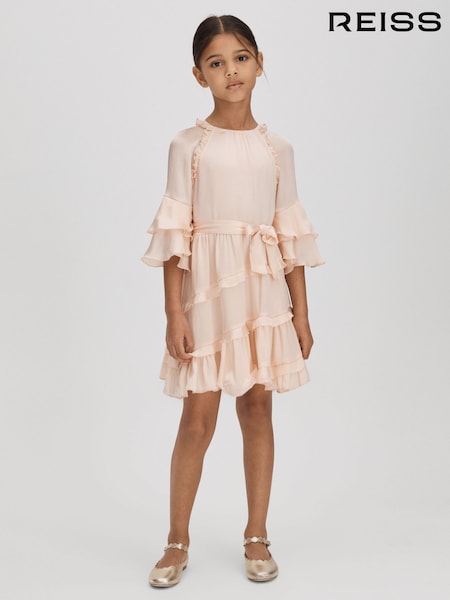 Reiss Pink Polly Senior Textured Satin Frilly Dress (Q88542) | AED583