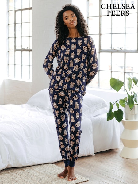 Chelsea Peers Blue Trouser Pyjamas Cockapoo Print Crewneck Long Pyjama Set (Q88643) | R$ 375