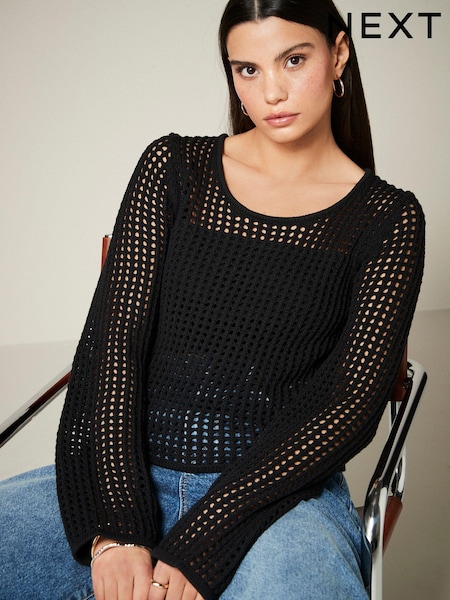 Black Open Stitch Detail Knitted Top (Q88806) | €11