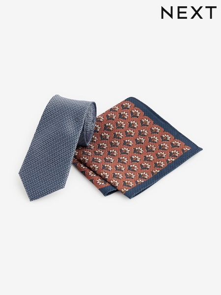 Blue/Rust Brown Slim Tie And Geometric Pocket Square Set (Q88823) | €10