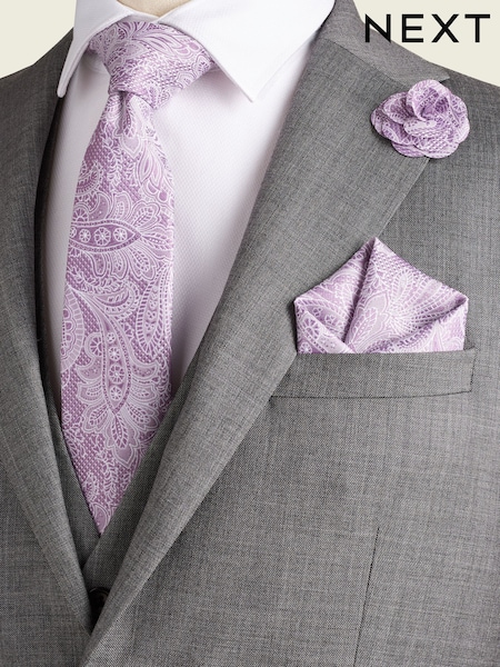 Lilac Purple Textured Paisley Tie, Pocket Square And Pin Set (Q88857) | €12.50
