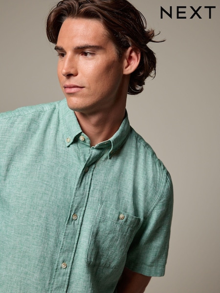 Verde mentol - Linen Blend Short Sleeve Oxford Shirt (Q88873) | 111 LEI