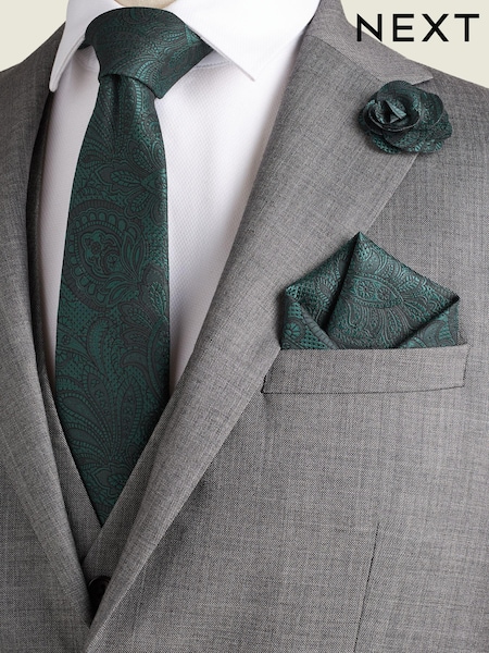 Forest Green Textured Paisley Tie, Pocket Square And Pin Set (Q88882) | €27