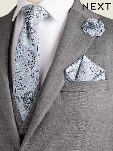 Light Blue Textured Paisley Tie, Pocket Square And Pin Set (Q88886) | € 15