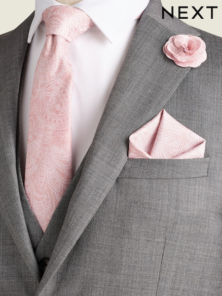 Light Pink Textured Paisley Tie, Pocket Square And Pin Set (Q88887) | 99 QAR
