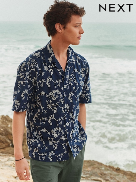 Navy Blue 100% Cotton Embroidered Texture Short Sleeve Shirt (Q88918) | €19