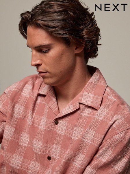 Roz - 100% Cotton Carouri Mânecă scurtă Textured Cămăși with Cuban Guler (Q88922) | 119 LEI