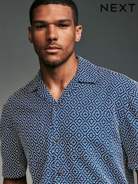 Navy/Blue/White Textured Short Sleeve 100% Cotton Shirt with Cuban Collar (Q88955) | AED98